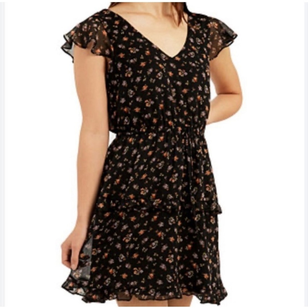 The General Good Black Mini Dress with Tiered Ruffles and V-Neck